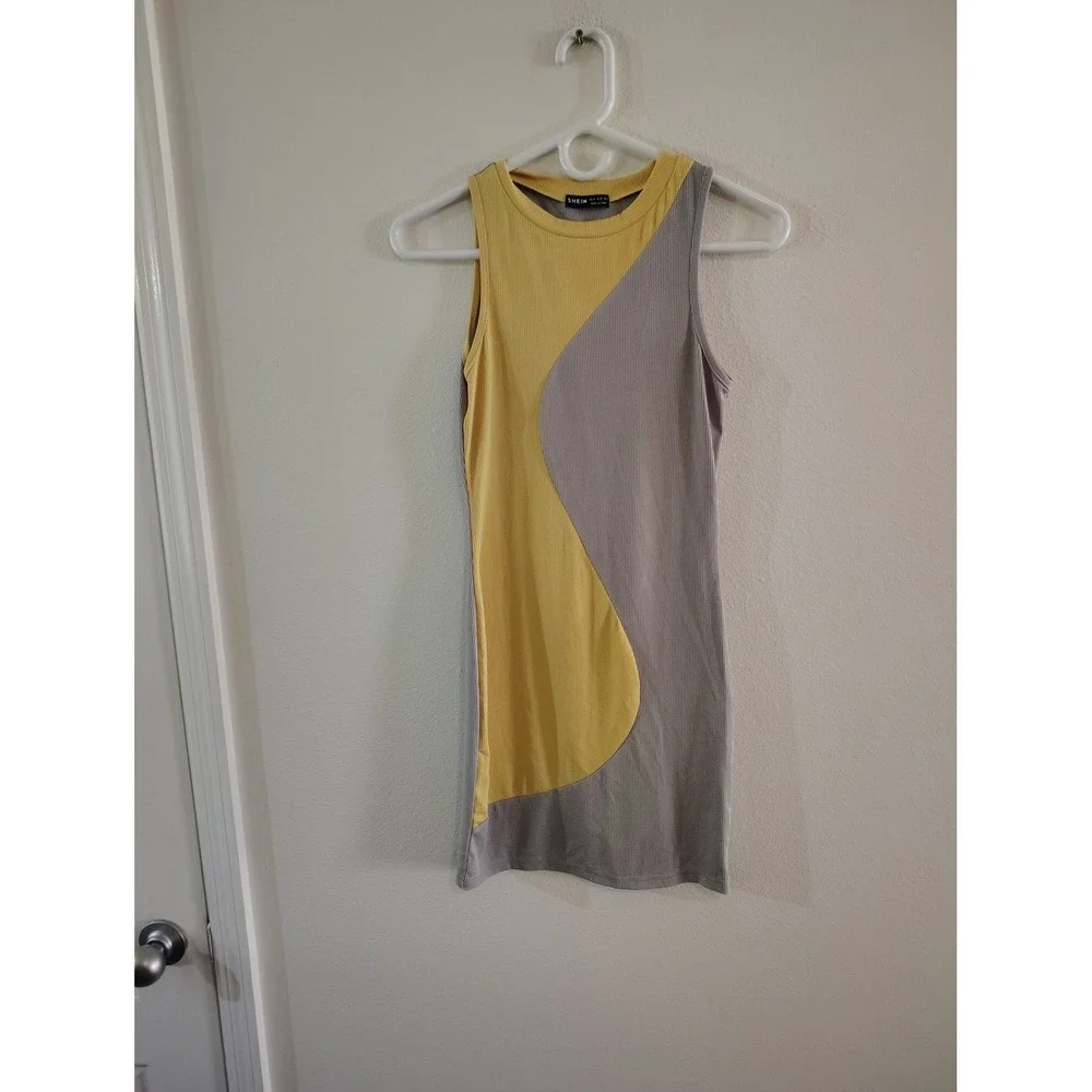 SHEIN Womens Ribbed Knit Color Block Wavy Mini Dress Yellow Grey Size M‎ US 6